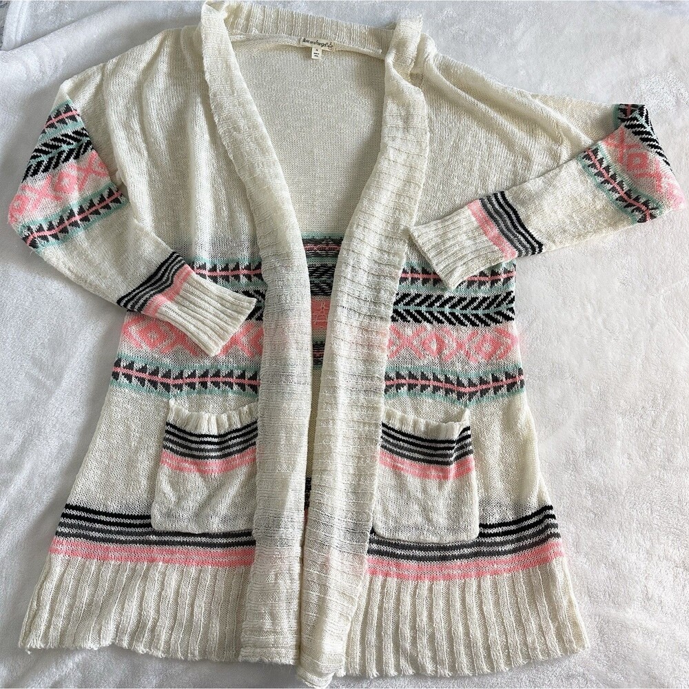 Love On A Hanger Aztec Knit Cardigan Sweater M Cream Neon Pink Teal Tribal